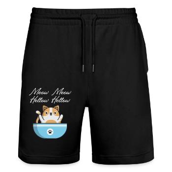 Chat drôle avec bol de nourriture, dire miaou - Short de jogging bio TRAINER Stanley/Stella unisexe - noir - Devant - Nik (191cm) & Marisol (170cm)
