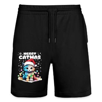 Cute cat with fairy lights celebrating Christmas - Stanley/Stella Trainer Unisex Organic Jogging Shorts - black - Front - Nik (191cm) & Marisol (170cm)