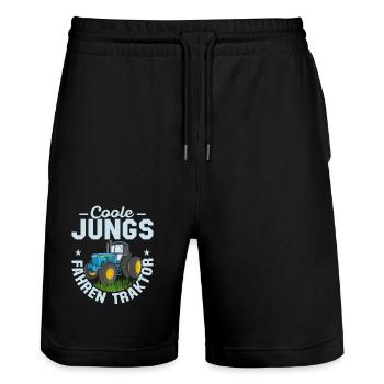 Coole Jungs fahren Traktor Trecker - Stanley/Stella Unisex Bio Joggingshorts Trainer  - Schwarz - Vorne - Nik (191cm) & Marisol (170cm)