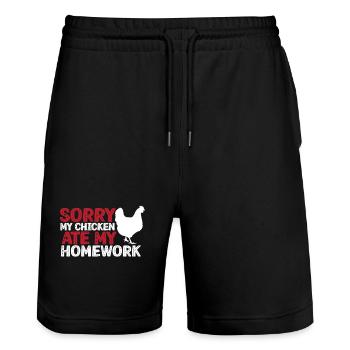 My Chicken Has Eaten My Homework - Stanley/Stella Trainer Unisex Organic Jogging Shorts - black - Front - Nik (191cm) & Marisol (170cm)