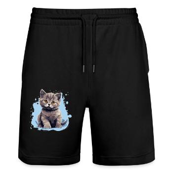 British Shorthair - Stanley/Stella Trainer Unisex Organic Jogging Shorts - black - Front - Nik (191cm) & Marisol (170cm)