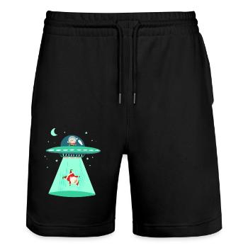 Elf abducting Santa Claus in a UFO - Stanley/Stella Trainer Unisex Organic Jogging Shorts - black - Front - Nik (191cm) & Marisol (170cm)