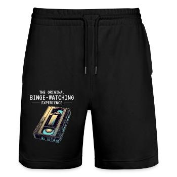 Retro VHS Kassette Nostalgisches 80er Jahre Binge-Watching - Stanley/Stella Unisex Bio Joggingshorts Trainer  - Schwarz - Vorne - Nik (191cm) & Marisol (170cm)