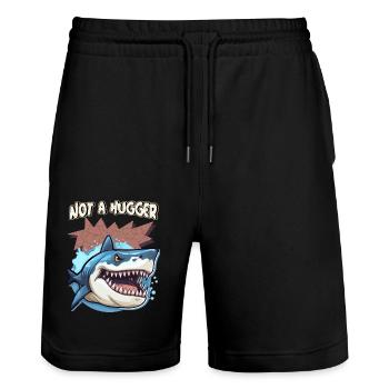 Not A Hugger, lustiger Spruch mit Haifisch Cartoon - Stanley/Stella Unisex Bio Joggingshorts Trainer  - Schwarz - Vorne - Nik (191cm) & Marisol (170cm)