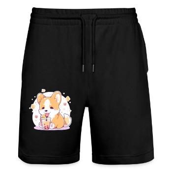 Kawaii Corgi Dog Drinks Boba Bubble Tea Chibi - Stanley/Stella Trainer Unisex Organic Jogging Shorts - black - Front - Nik (191cm) & Marisol (170cm)