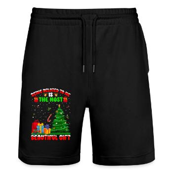 Being Related To Me – Lustiger Weihnachtsspruch - Stanley/Stella Unisex Bio Joggingshorts Trainer  - Schwarz - Vorne - Nik (191cm) & Marisol (170cm)