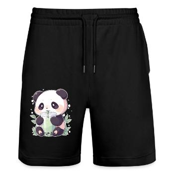 Kawaii Panda trinkt Boba Bubble Tea Chibi - Stanley/Stella Unisex Bio Joggingshorts Trainer  - Schwarz - Vorne - Nik (191cm) & Marisol (170cm)