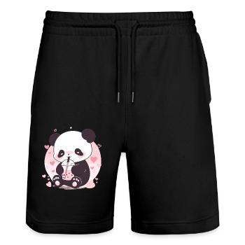 Kawaii Panda trinkt Boba Bubble Tea Chibi - Stanley/Stella Unisex Bio Joggingshorts Trainer  - Schwarz - Vorne - Nik (191cm) & Marisol (170cm)