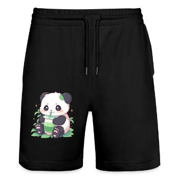 Kawaii Panda trinkt Boba Bubble Tea Chibi - Stanley/Stella Unisex Bio Joggingshorts Trainer  - Schwarz - Vorne - Nik (191cm) & Marisol (170cm)