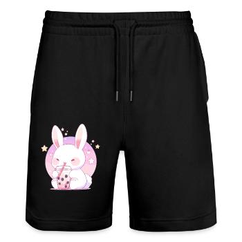 Kawaii Hase trinkt Boba Bubble Tea Chibi - Stanley/Stella Unisex Bio Joggingshorts Trainer  - Schwarz - Vorne - Nik (191cm) & Marisol (170cm)