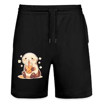 Kawaii Otter Drinks Boba Bubble Tea Chibi - Stanley/Stella Trainer Unisex Organic Jogging Shorts - black - Front - Nik (191cm) & Marisol (170cm)