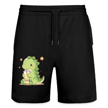 Kawaii Dinosaur Drinks Boba Bubble Tea Chibi - Stanley/Stella Trainer Unisex Organic Jogging Shorts - black - Front - Nik (191cm) & Marisol (170cm)