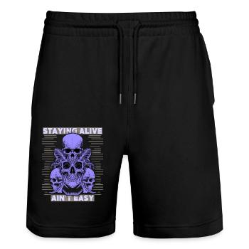 Totenköpfe, Spruch Staying Alive, Teufelsschädel - Stanley/Stella Unisex Bio Joggingshorts Trainer  - Schwarz - Vorne - Nik (191cm) & Marisol (170cm)