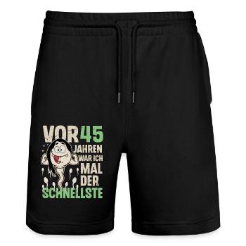 45. Geburtstag 45 Jahre War Ich Mal Der Schnellste - Stanley/Stella Unisex Bio Joggingshorts Trainer  - Schwarz - Vorne - Nik (191cm) & Marisol (170cm)