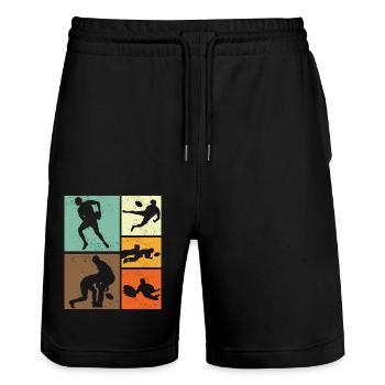 Retro Vintage Rugby Player Design - Stanley/Stella Trainer Unisex Organic Jogging Shorts - black - Front - Nik (191cm) & Marisol (170cm)