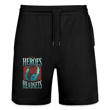 Real Heroes wear Headsets Funny Gamer Boys & Kids - Stanley/Stella Unisex Bio Joggingshorts Trainer  - Schwarz - Vorne - Nik (191cm) & Marisol (170cm)