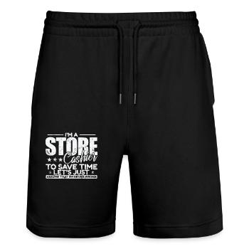 Je suis caissière de magasin pour gagner du temps Je ne me trompe jamais - Short de jogging bio TRAINER Stanley/Stella unisexe - noir - Devant - Nik (191cm) & Marisol (170cm)