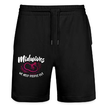 Nurse Midwife Birth Worker Pun - Stanley/Stella Trainer Unisex Organic Jogging Shorts - black - Front - Nik (191cm) & Marisol (170cm)