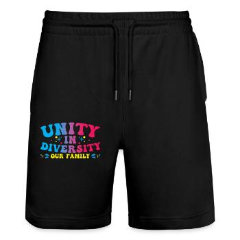 Diversity Family Diverse Unity In Diversity - Stanley/Stella Trainer Unisex Organic Jogging Shorts - black - Front - Nik (191cm) & Marisol (170cm)