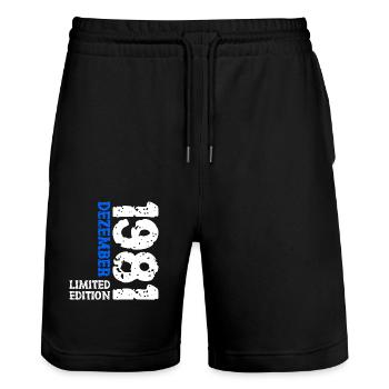 1981 Dezember Limited Edition 42. Geburtstag Deko - Stanley/Stella Unisex Bio Joggingshorts Trainer  - Schwarz - Vorne - Nik (191cm) & Marisol (170cm)