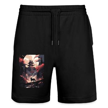 Japanese Wolf Wolves Manga Tokyo Cherry Blossoms - Stanley/Stella Trainer Unisex Organic Jogging Shorts - black - Front - Nik (191cm) & Marisol (170cm)