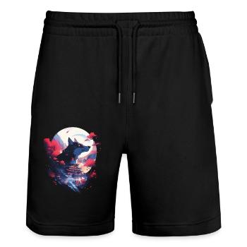 Japanese Wolf Wolves Manga Tokyo Cherry Blossoms - Stanley/Stella Trainer Unisex Organic Jogging Shorts - black - Front - Nik (191cm) & Marisol (170cm)
