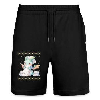 Kawaii Drachen im Ugly Christmas Sweater Style - Stanley/Stella Unisex Bio Joggingshorts Trainer  - Schwarz - Vorne - Nik (191cm) & Marisol (170cm)