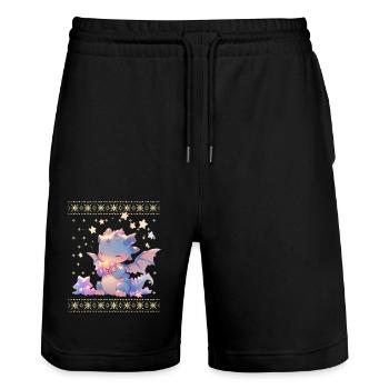 Kawaii Dragon in Ugly Christmas Sweater Style - Stanley/Stella Trainer Unisex Organic Jogging Shorts - black - Front - Nik (191cm) & Marisol (170cm)