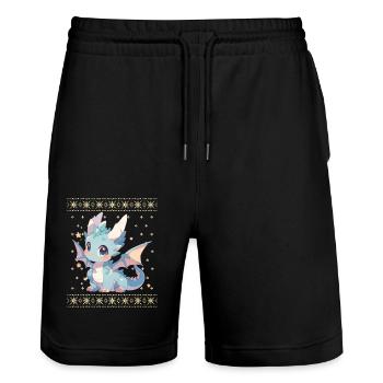 Kawaii Dragon in Ugly Christmas Sweater Style - Stanley/Stella Trainer Unisex Organic Jogging Shorts - black - Front - Nik (191cm) & Marisol (170cm)