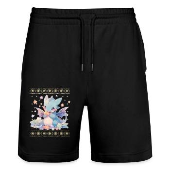 Kawaii Dragon in Ugly Christmas Sweater Style - Stanley/Stella Trainer Unisex Organic Jogging Shorts - black - Front - Nik (191cm) & Marisol (170cm)