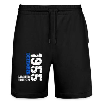 1955 Dezember Limited Edition 68. Geburtstag Deko - Stanley/Stella Unisex Bio Joggingshorts Trainer  - Schwarz - Vorne - Nik (191cm) & Marisol (170cm)