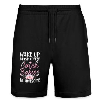 LD Labour And Delivery Nurse - Stanley/Stella Trainer Unisex Organic Jogging Shorts - black - Front - Nik (191cm) & Marisol (170cm)