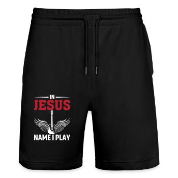 In Jesus Namen Spiele Ich - Stanley/Stella Unisex Bio Joggingshorts Trainer  - Schwarz - Vorne - Nik (191cm) & Marisol (170cm)
