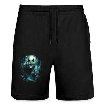 Fantasy Loups Loup Illustration Clair De Lune - Short de jogging bio TRAINER Stanley/Stella unisexe - noir - Devant - Nik (191cm) & Marisol (170cm)