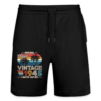 79 Years Birthday Retro 1945 - Stanley/Stella Trainer Unisex Organic Jogging Shorts - black - Front - Nik (191cm) & Marisol (170cm)