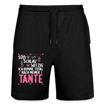 Ich komme total nach meiner Tante Nichte Neffe - Stanley/Stella Unisex Bio Joggingshorts Trainer  - Schwarz - Vorne - Nik (191cm) & Marisol (170cm)