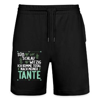 Ich komme total nach meiner Tante Nichte Neffe - Stanley/Stella Unisex Bio Joggingshorts Trainer  - Schwarz - Vorne - Nik (191cm) & Marisol (170cm)