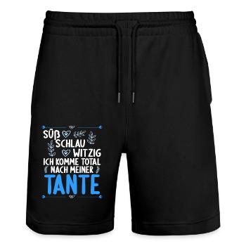 Ich komme total nach meiner Tante Nichte Neffe - Stanley/Stella Unisex Bio Joggingshorts Trainer  - Schwarz - Vorne - Nik (191cm) & Marisol (170cm)