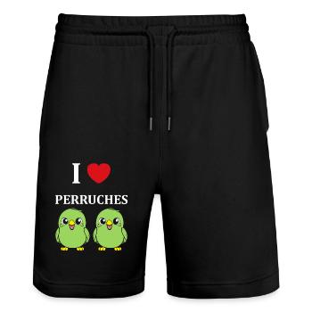 Oiseaux perruches humour petite perruche - Short de jogging bio TRAINER Stanley/Stella unisexe - noir - Devant - Nik (191cm) & Marisol (170cm)