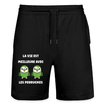 Oiseaux perruches humour petite perruche - Short de jogging bio TRAINER Stanley/Stella unisexe - noir - Devant - Nik (191cm) & Marisol (170cm)