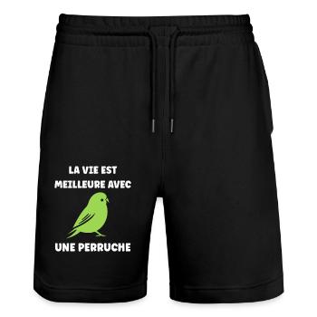 Oiseaux perruches humour petite perruche - Short de jogging bio TRAINER Stanley/Stella unisexe - noir - Devant - Nik (191cm) & Marisol (170cm)