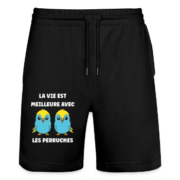 Oiseaux perruches humour petite perruche - Short de jogging bio TRAINER Stanley/Stella unisexe - noir - Devant - Nik (191cm) & Marisol (170cm)