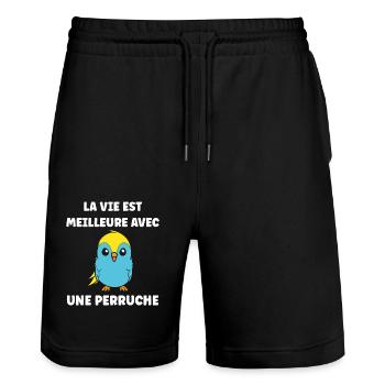 Oiseaux perruches humour petite perruche - Short de jogging bio TRAINER Stanley/Stella unisexe - noir - Devant - Nik (191cm) & Marisol (170cm)