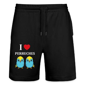 Oiseaux perruches humour petite perruche - Short de jogging bio TRAINER Stanley/Stella unisexe - noir - Devant - Nik (191cm) & Marisol (170cm)