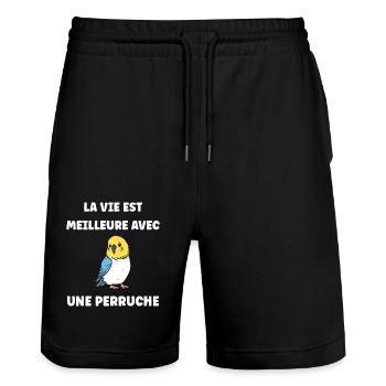 Oiseaux perruches humour petite perruche - Short de jogging bio TRAINER Stanley/Stella unisexe - noir - Devant - Nik (191cm) & Marisol (170cm)