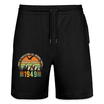 Vintage 75th Birthday 1949 - Stanley/Stella Trainer Unisex Organic Jogging Shorts - black - Front - Nik (191cm) & Marisol (170cm)