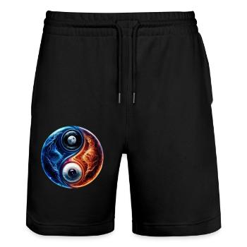 Yin Yang Wasserfeuer - Stanley/Stella Unisex Bio Joggingshorts Trainer  - Schwarz - Vorne - Nik (191cm) & Marisol (170cm)