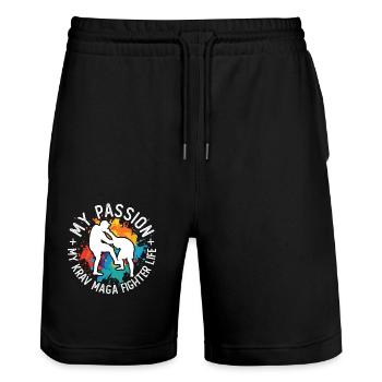 Krav Maga Fighter My Passion My Krav Martial Arts - Stanley/Stella Unisex Bio Joggingshorts Trainer  - Schwarz - Vorne - Nik (191cm) & Marisol (170cm)