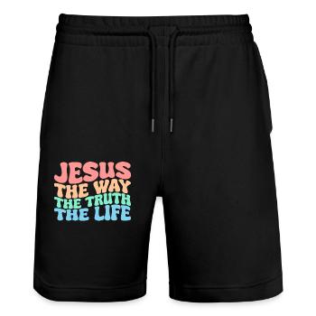 Jesus The Way The Truth The Life Groovy Christ - Stanley/Stella Trainer Unisex Organic Jogging Shorts - black - Front - Nik (191cm) & Marisol (170cm)