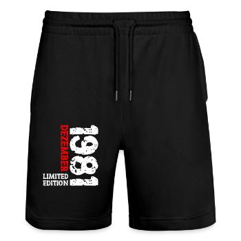 1981 Dezember Limited Edition 42. Geburtstag Deko - Stanley/Stella Unisex Bio Joggingshorts Trainer  - Schwarz - Vorne - Nik (191cm) & Marisol (170cm)
